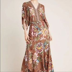 Anthropologie Farm Rio Valentina Brown Floral Maxi Dress
